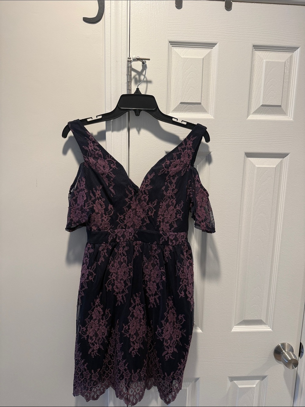 Cold-Shoulder Lace Fit & Flare Dress in Dark Navy with Dusty Plum Lace size 2